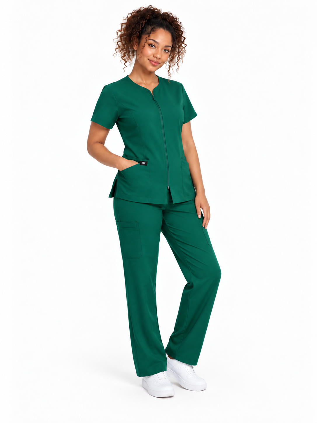 Zip-Up Cardigan Solid Color Straight-Leg Scrub Set