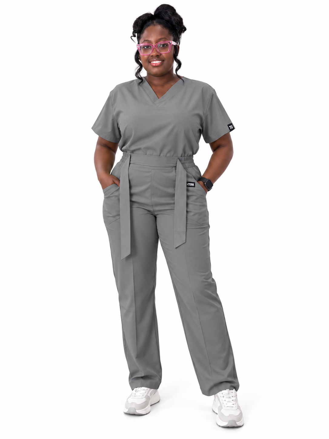V-Neck Tie-Waist Straight-Leg Scrub Set