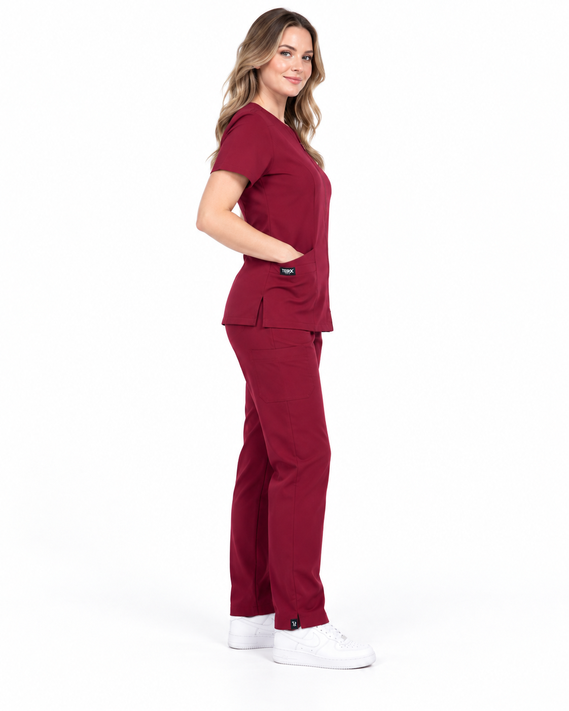 Zip-Up Cardigan Solid Color Straight-Leg Scrub Set