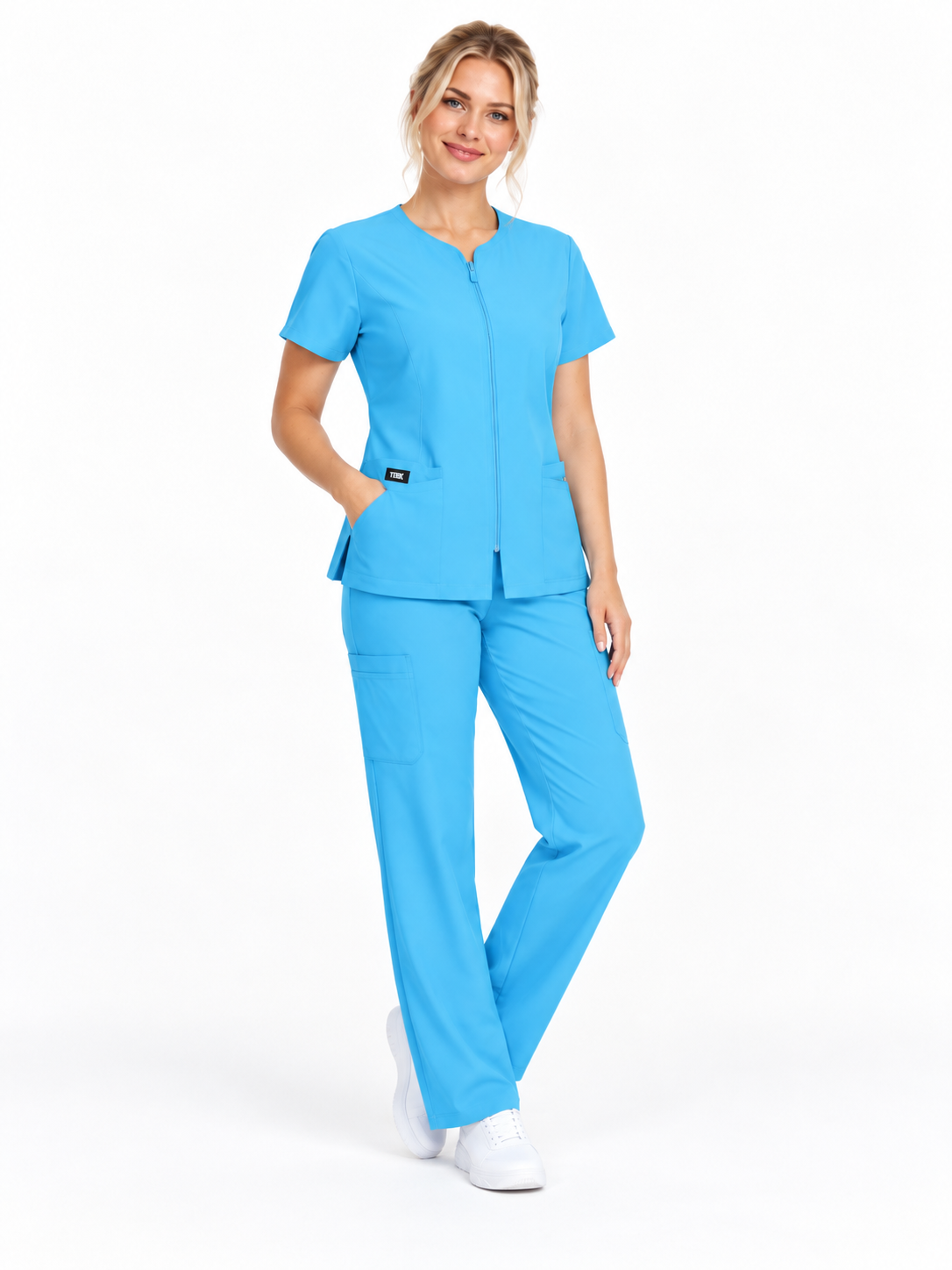 Zip-Up Cardigan Solid Color Straight-Leg Scrub Set
