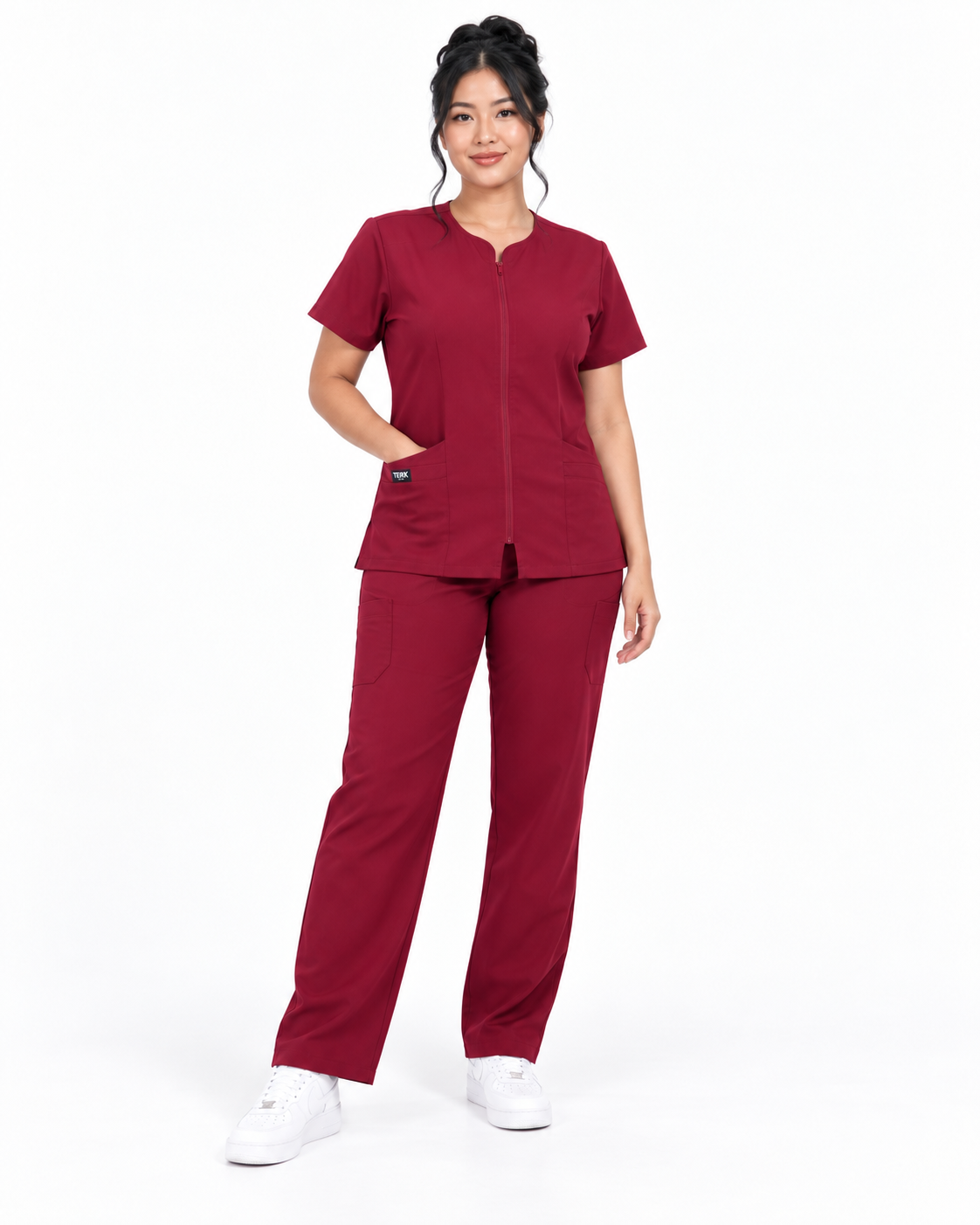 Zip-Up Cardigan Solid Color Straight-Leg Scrub Set