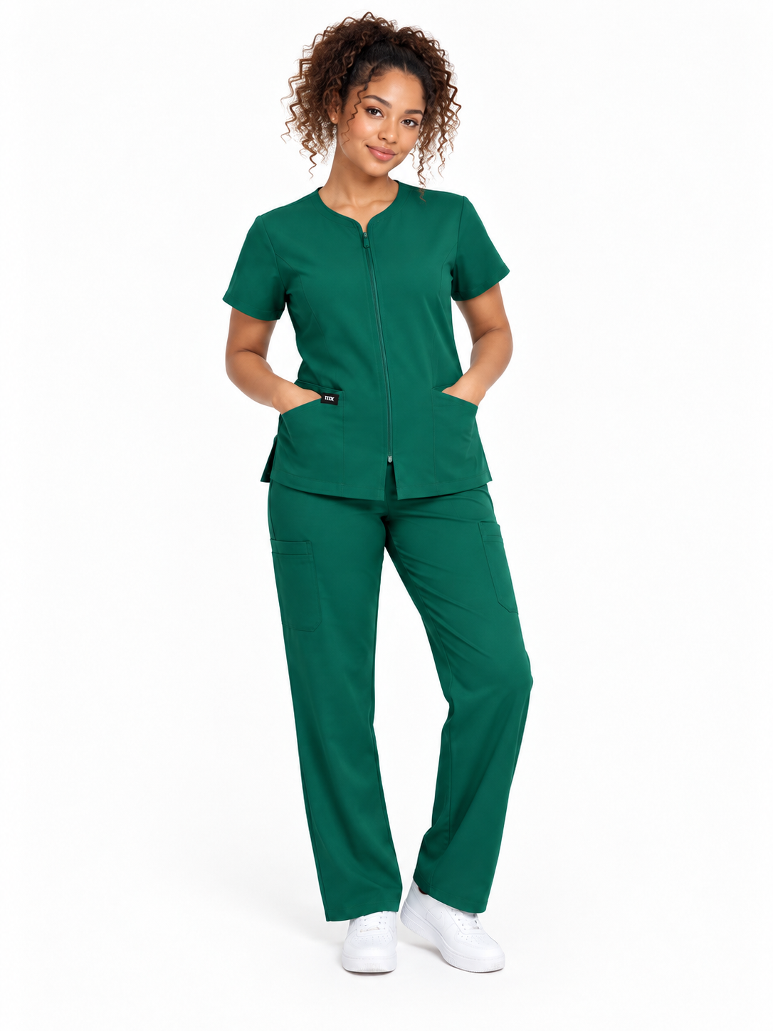 Zip-Up Cardigan Solid Color Straight-Leg Scrub Set