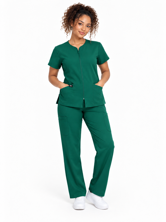 Zip-Up Cardigan Solid Color Straight-Leg Scrub Set