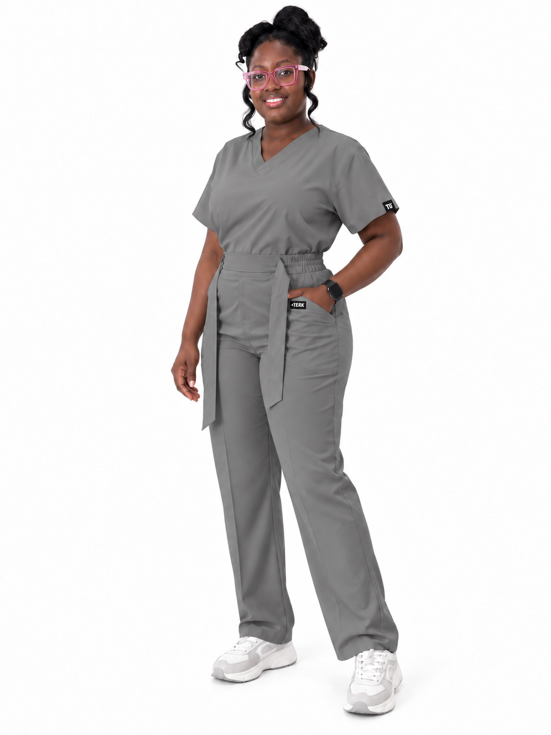 V-Neck Tie-Waist Straight-Leg Scrub Set