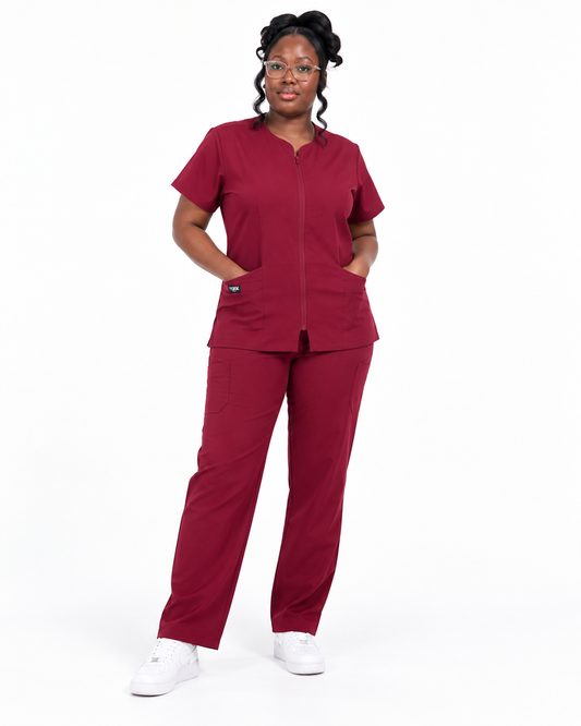 Zip-Up Cardigan Solid Color Straight-Leg Scrub Set