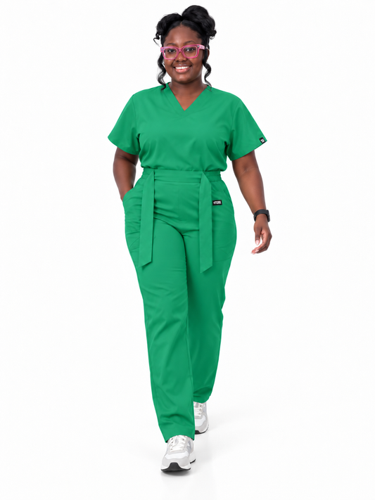 V-Neck Tie-Waist Straight-Leg Scrub Set