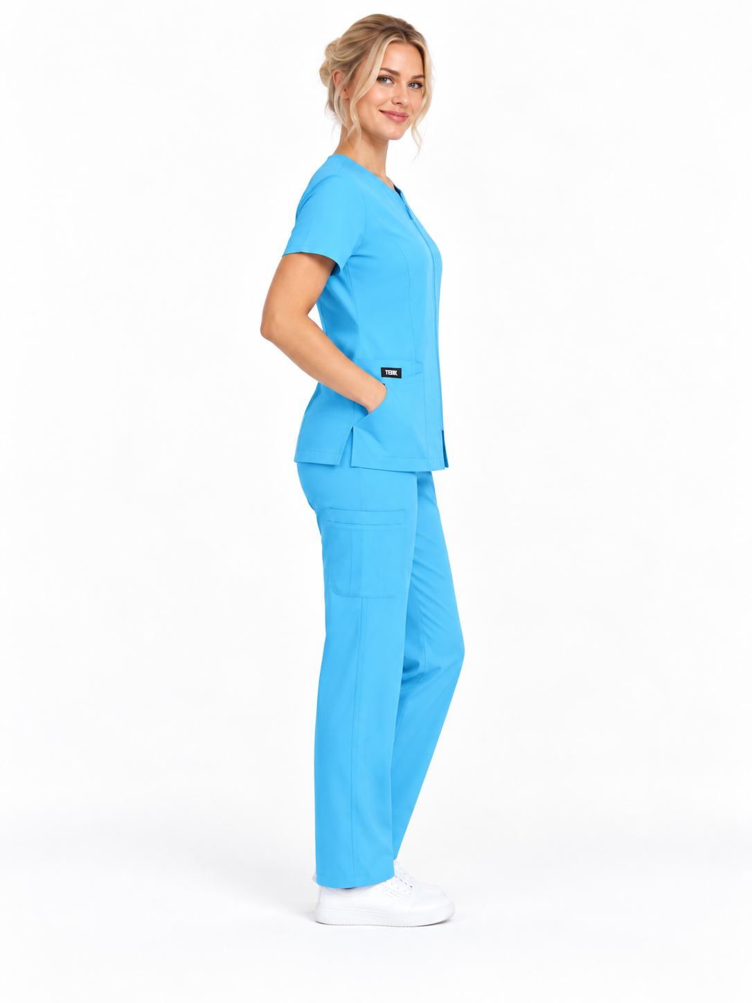 Zip-Up Cardigan Solid Color Straight-Leg Scrub Set