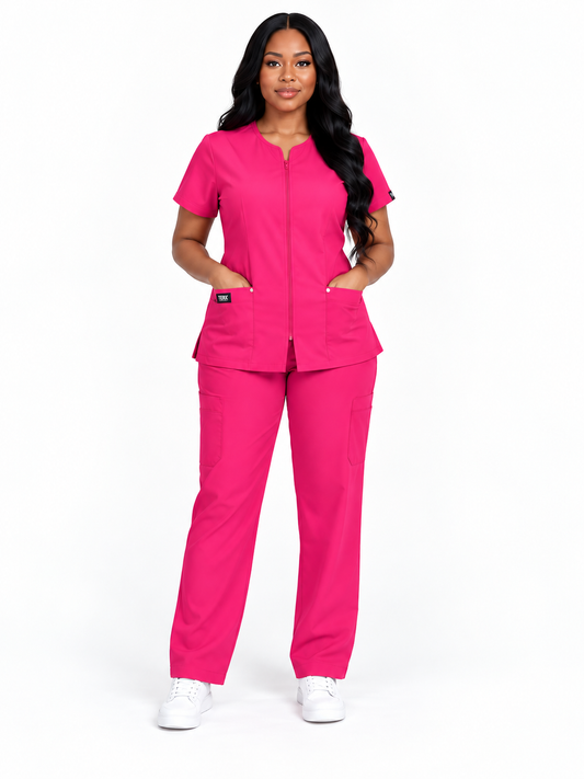 Zip-Up Cardigan Solid Color Straight-Leg Scrub Set (Copy)