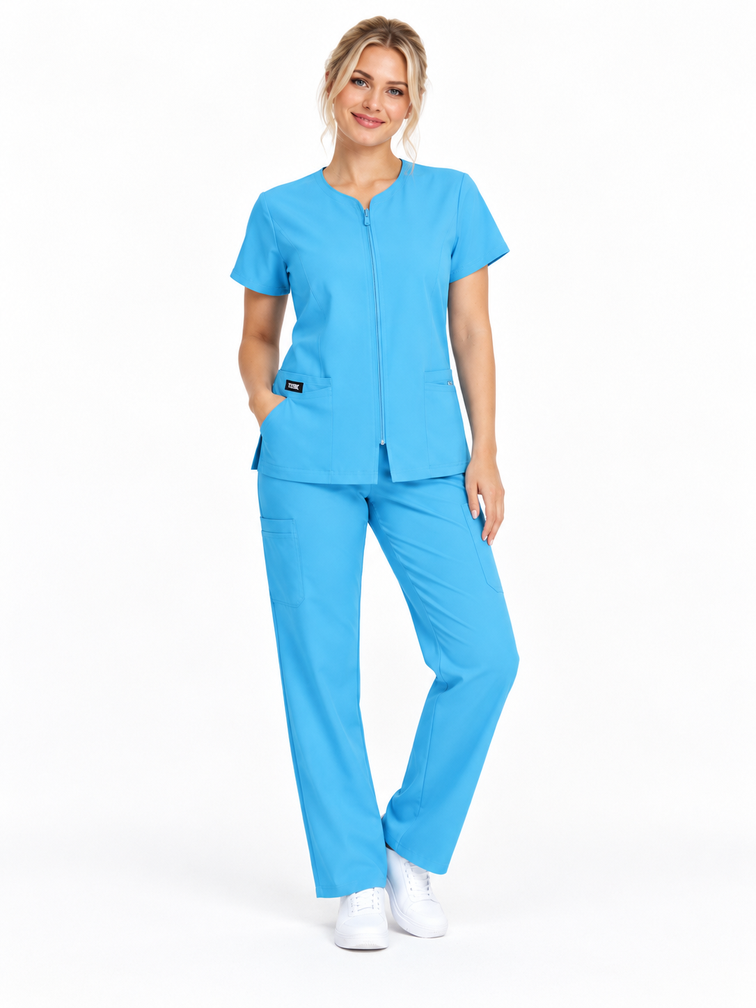 Zip-Up Cardigan Solid Color Straight-Leg Scrub Set