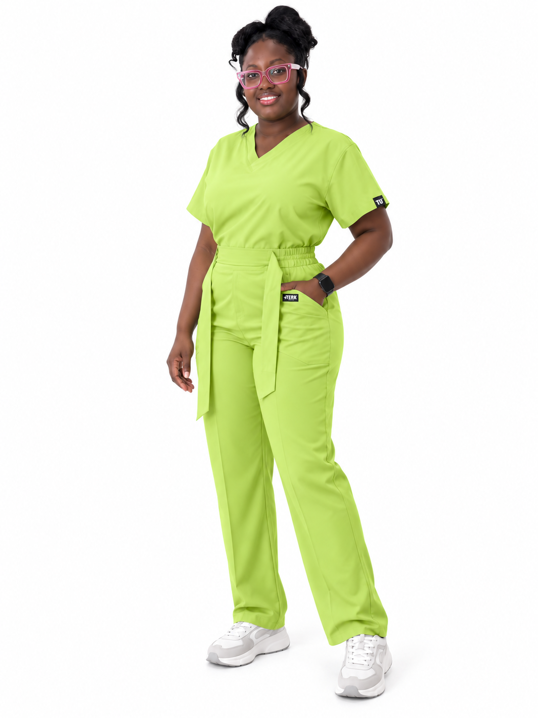 V-Neck Tie-Waist Straight-Leg Scrub Set