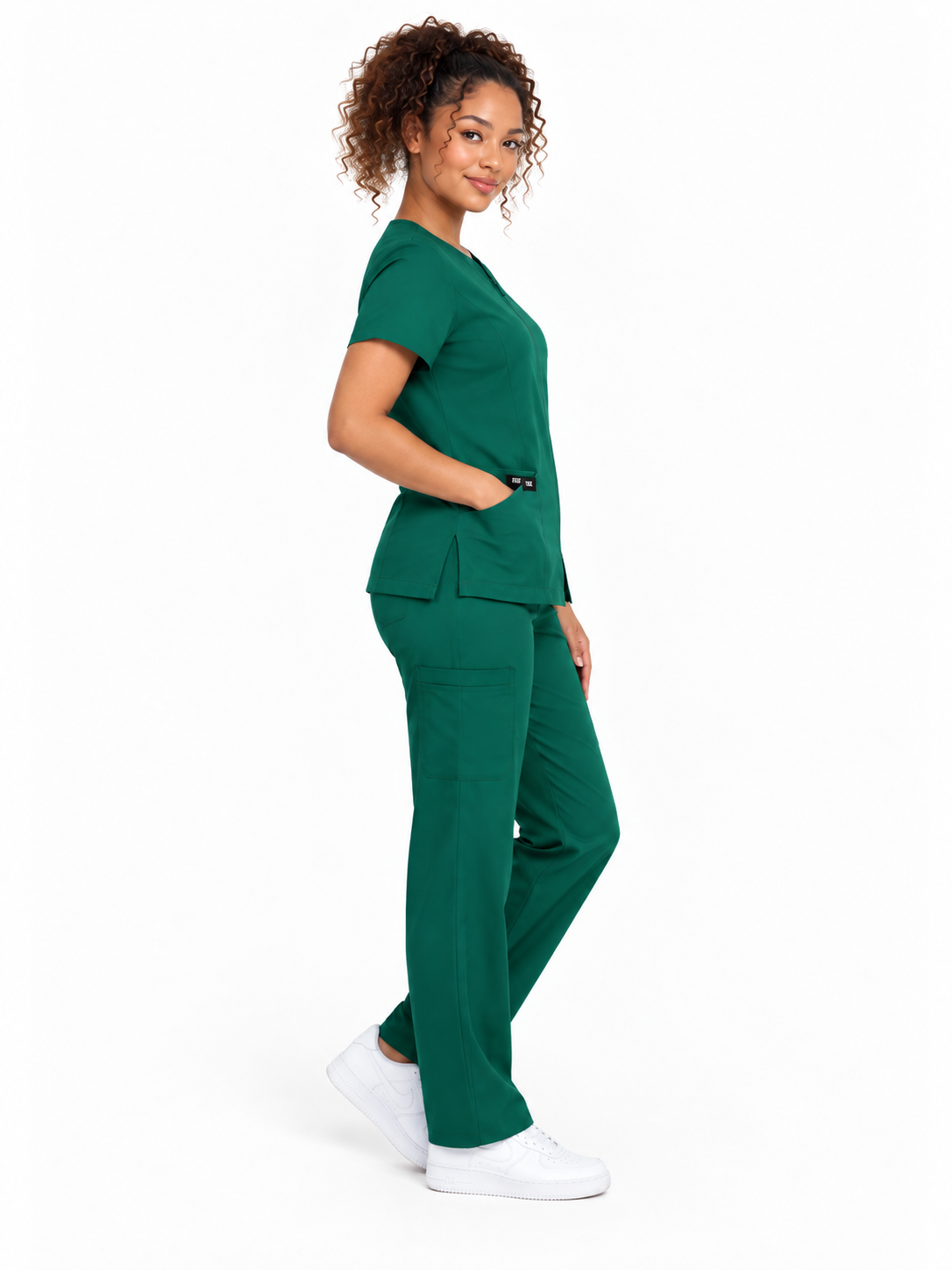 Zip-Up Cardigan Solid Color Straight-Leg Scrub Set