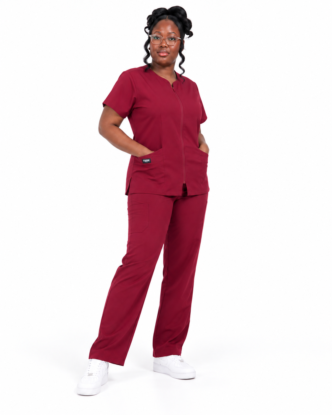 Zip-Up Cardigan Solid Color Straight-Leg Scrub Set