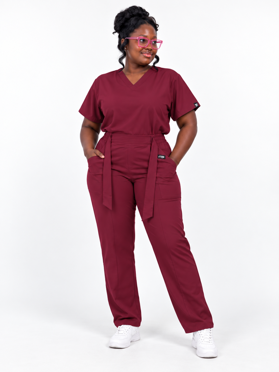 V-Neck Tie-Waist Straight-Leg Scrub Set