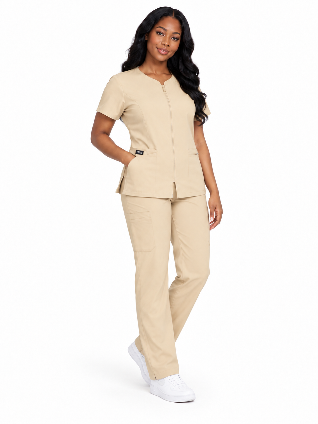 Zip-Up Cardigan Solid Color Straight-Leg Scrub Set